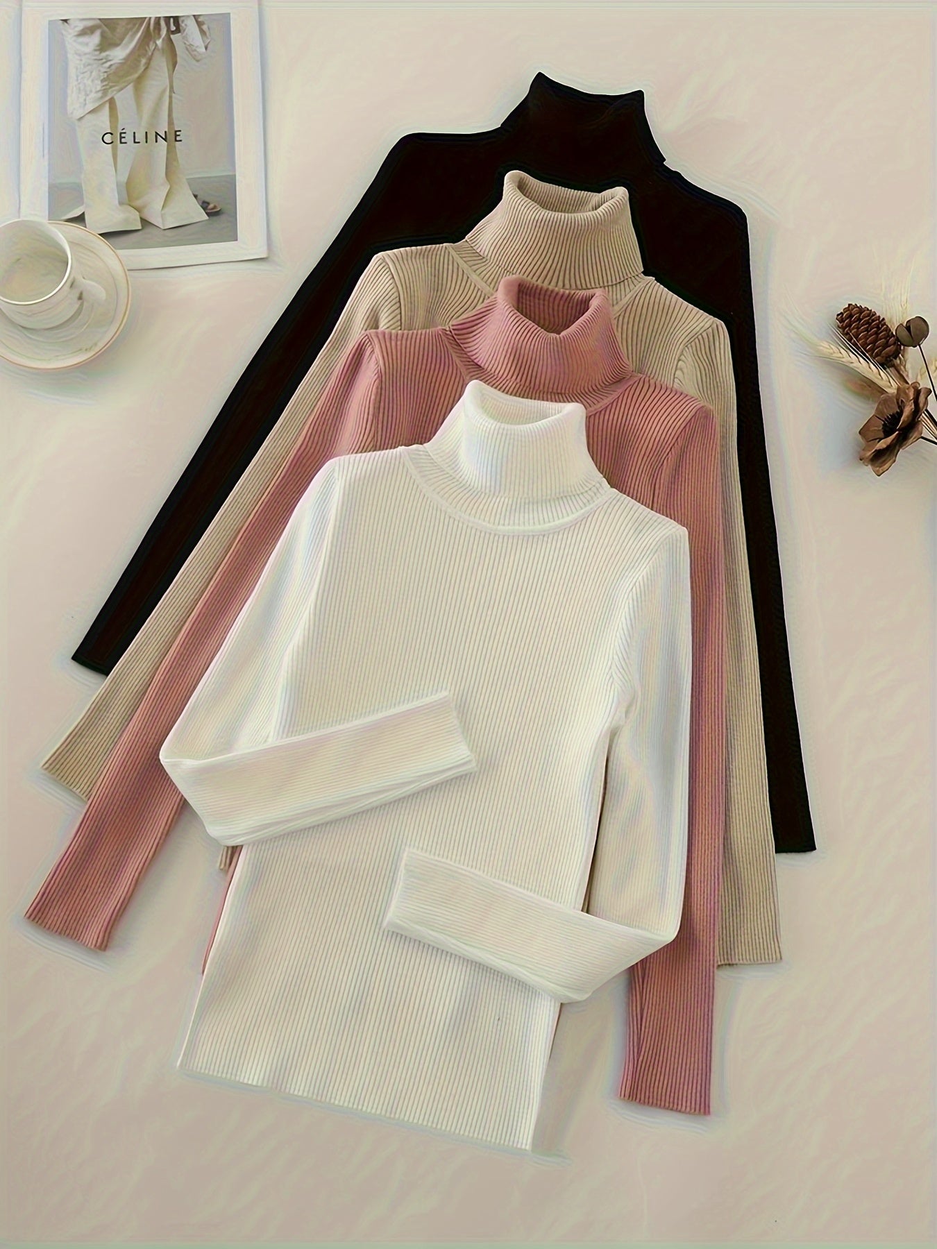 Ribbed Turtleneck Sweater | Stretchy Fit | Comfortable All-Day Wear | Polyester