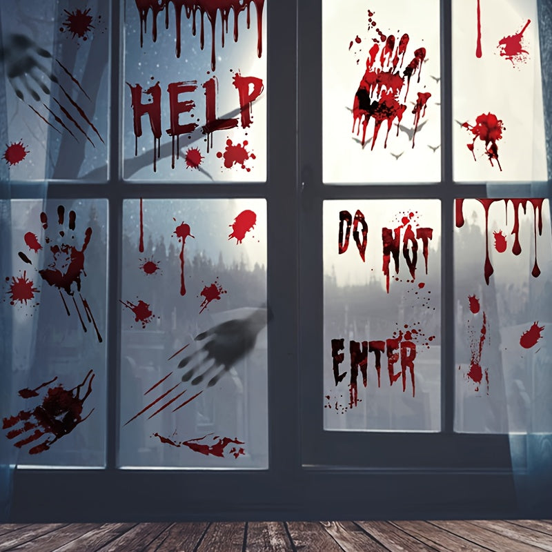 Vintage Halloween Window Clings with Spooky Blood Handprints and Shadows