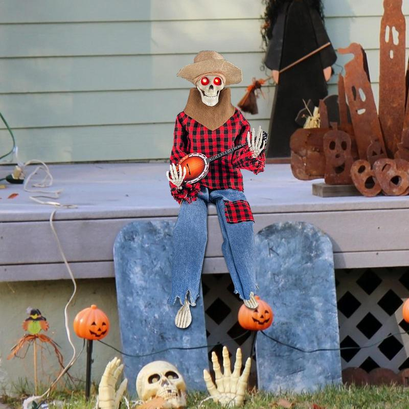 Animated Halloween Skeleton Decor Playing Banjo with Glowing Light