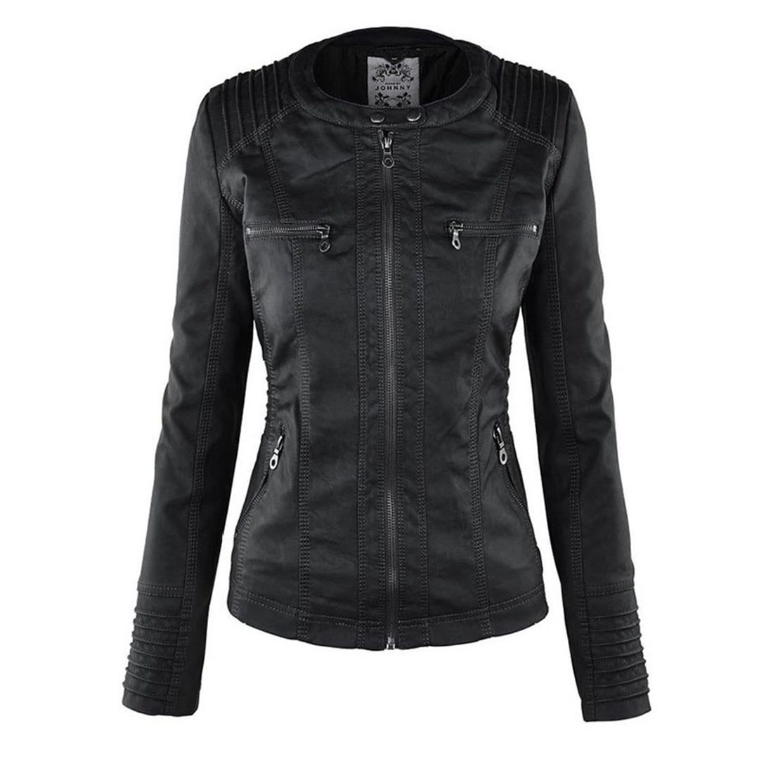 Women’s Weatherproof Leather Jacket | Detachable Hood & Zip Closure | Durable Polyester Fiber | Comfortable Fit