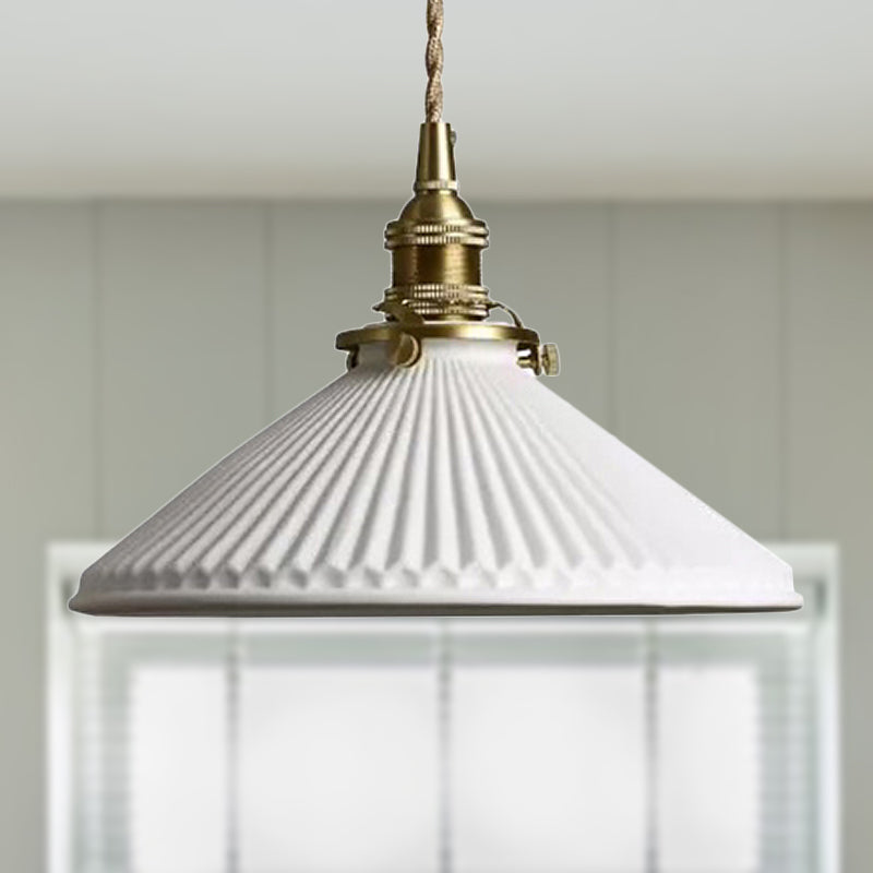 Industrial Style Conical Pendant Light with Ribbed Design 1 Light Ceramic Hanging Lamp in White by Taavita