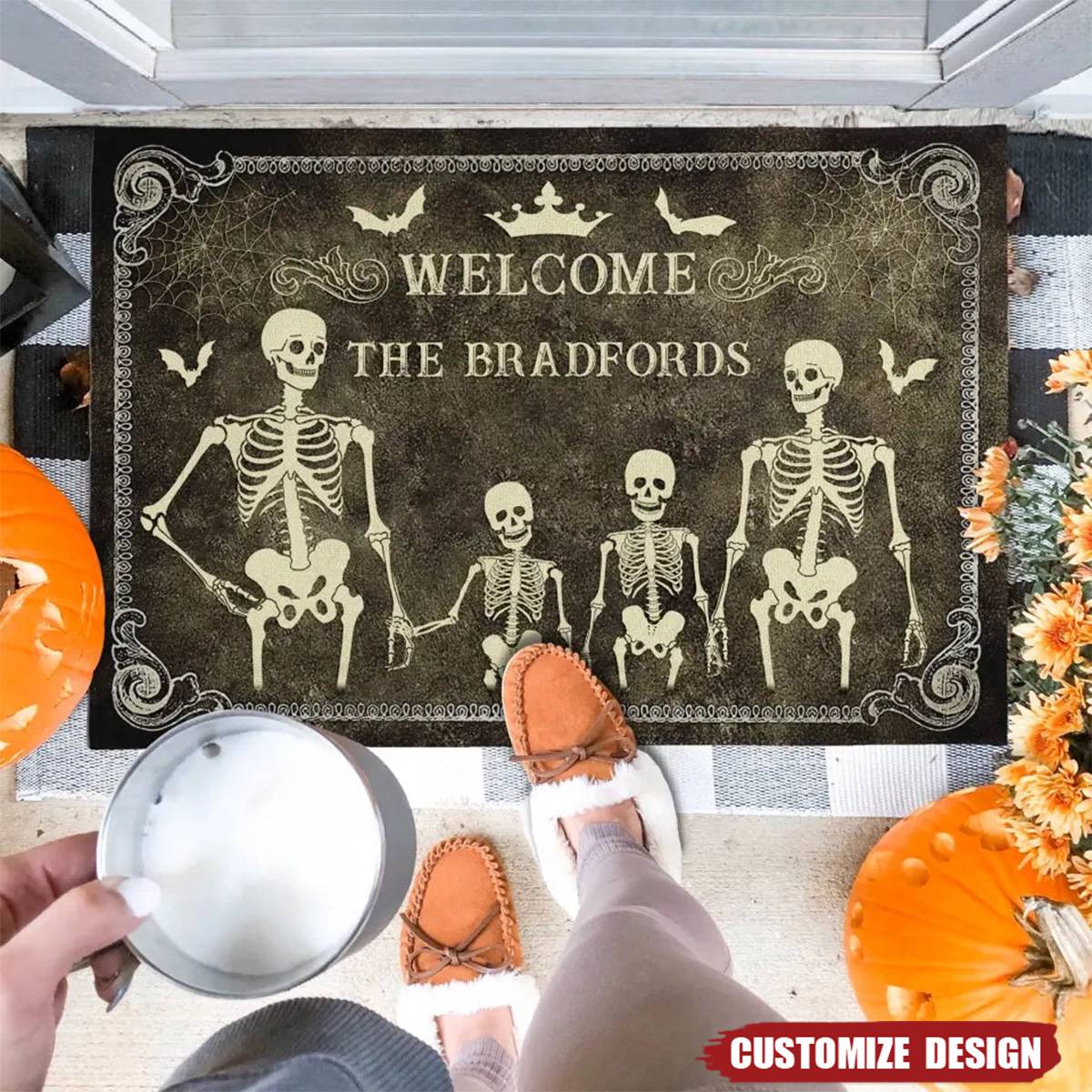 Halloween Skeleton Family Doormat with Plush Velour and Non-Slip Backing