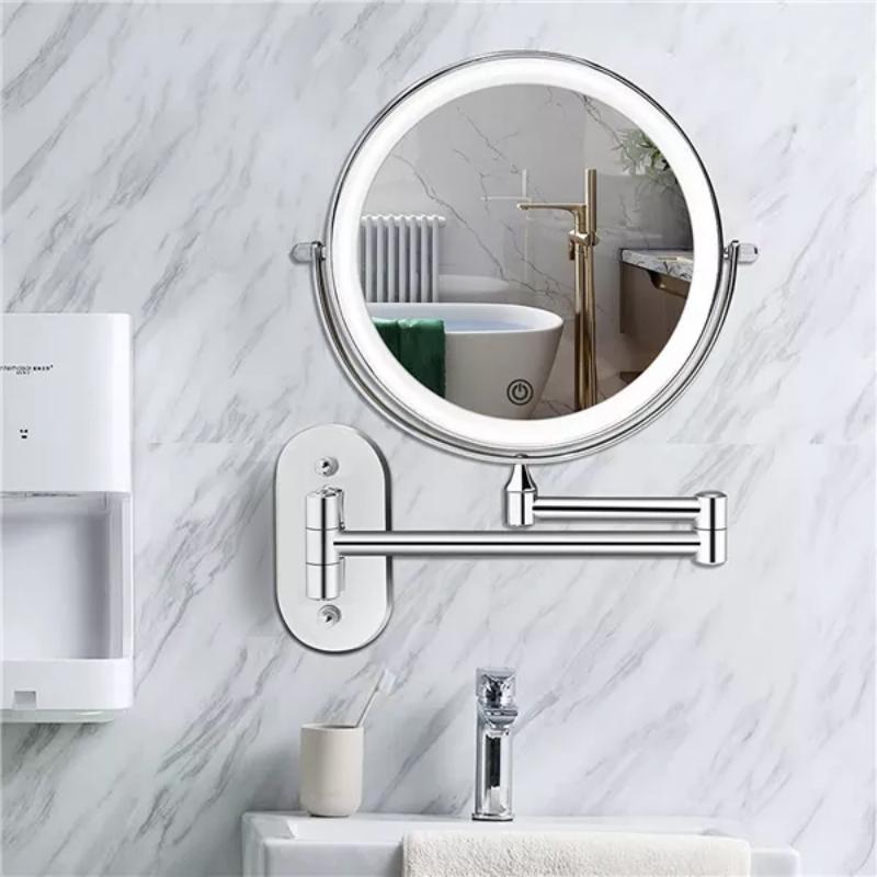Wall-Mounted LED Magnifying Vanity Mirror | Adjustable Arm & Rechargeable LED Light | Chrome Silver & Stainless Steel | Space-Saving Design