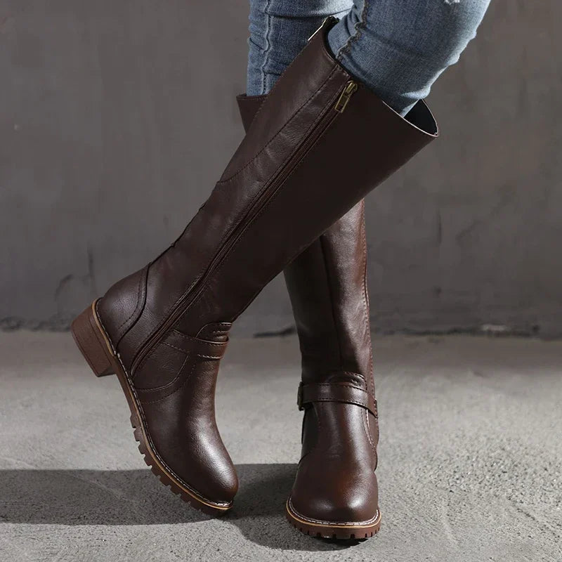 Women’s Knee-High Leather Boots | Adjustable Strap & Zipper Closure | Non-Slip Sole | Comfortable Fit