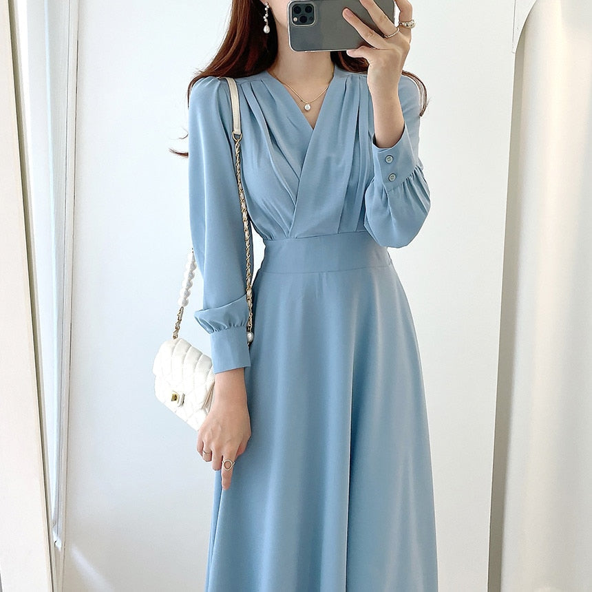 Women’s V-Neck Long-Sleeve Dress | Polyester Stretch Fabric | Midi to Maxi Length | Comfortable Fit