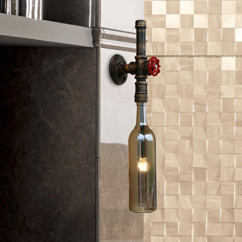 Rustic Industrial 1 Light Wall Sconce - Glass Wine Bottle Design with Red Valve in Blue/Clear for Restaurant Use