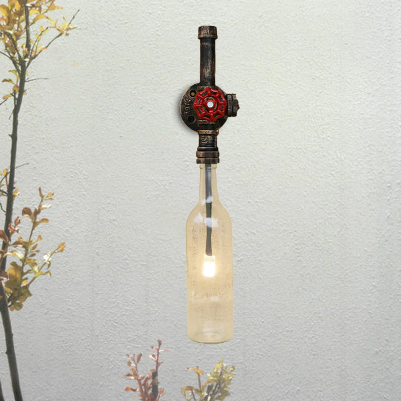 Rustic Industrial 1 Light Wall Sconce - Glass Wine Bottle Design with Red Valve in Blue/Clear for Restaurant Use