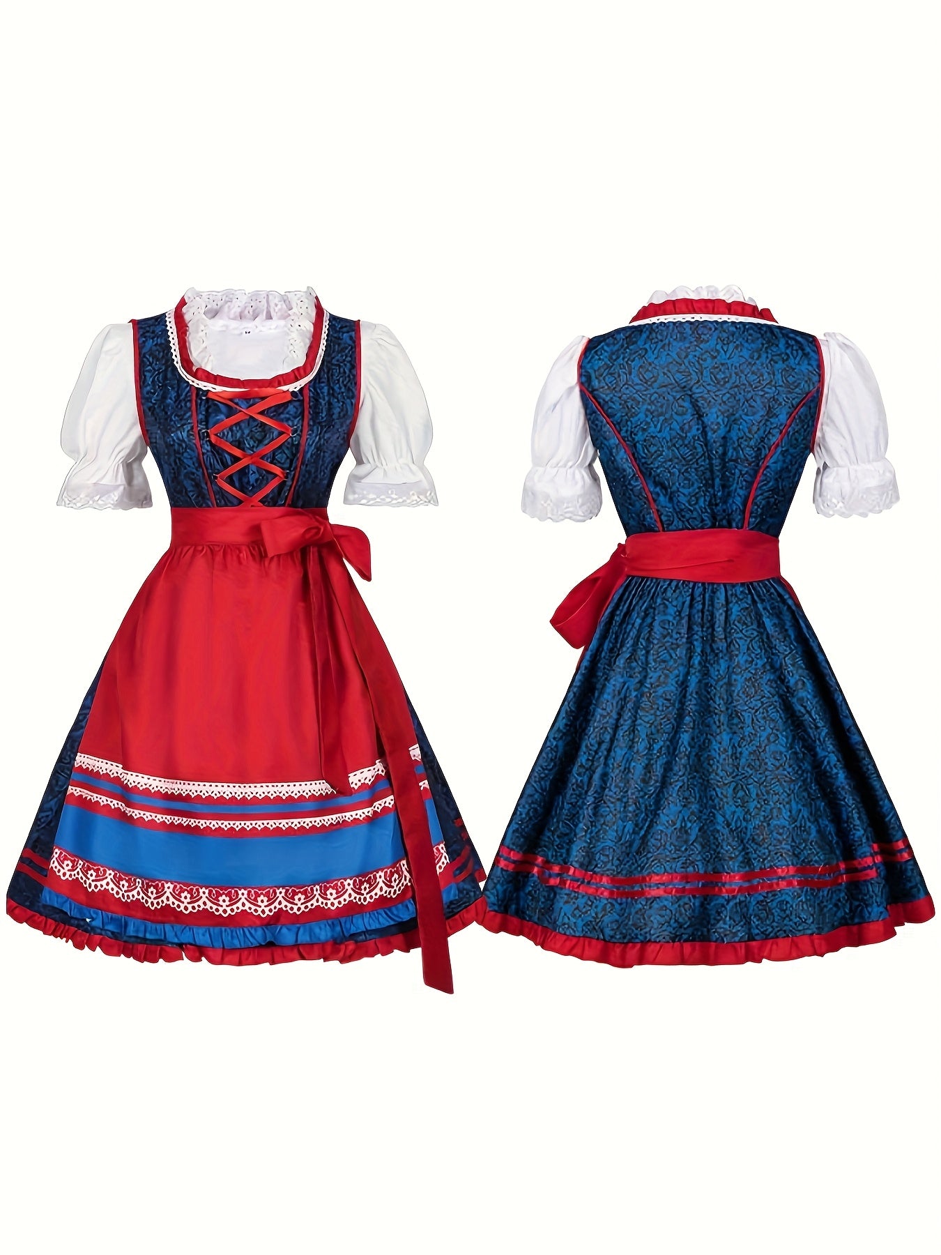 Women's Bavarian Oktoberfest Dress with Lace Blouse and Red Apron