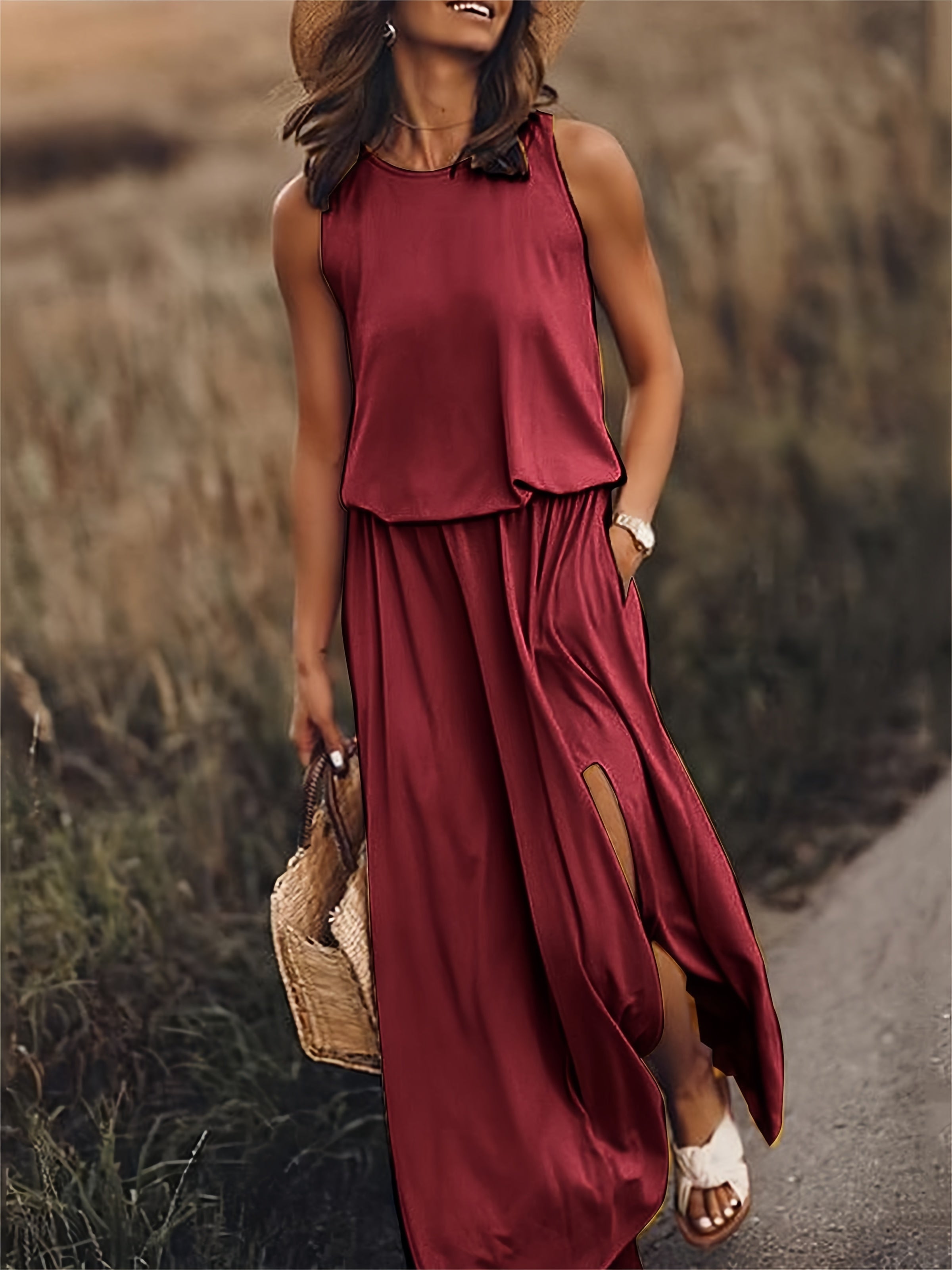 Women’s Maxi Dress | Boho Style with Draped Overlay & Side Slits | Polyester Blend | Comfortable Fit
