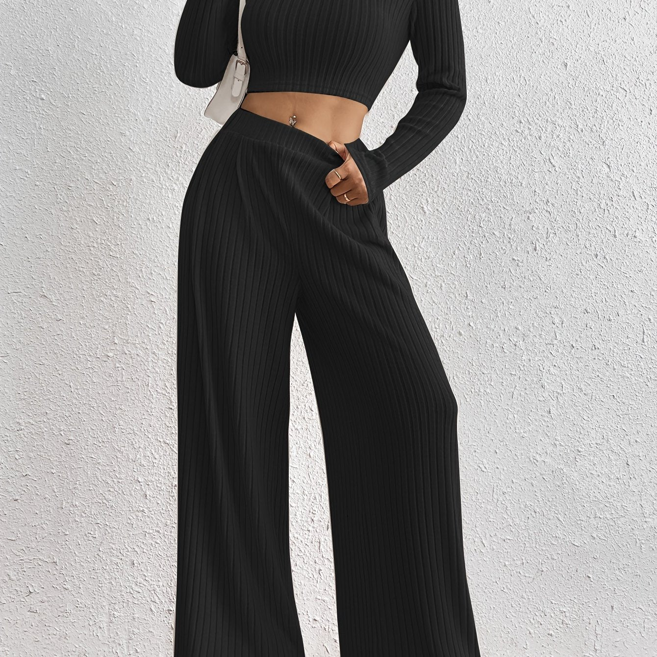 Ribbed Crew Neck Top | Long Sleeve | Stylish Fall Winter Wear | Polyester