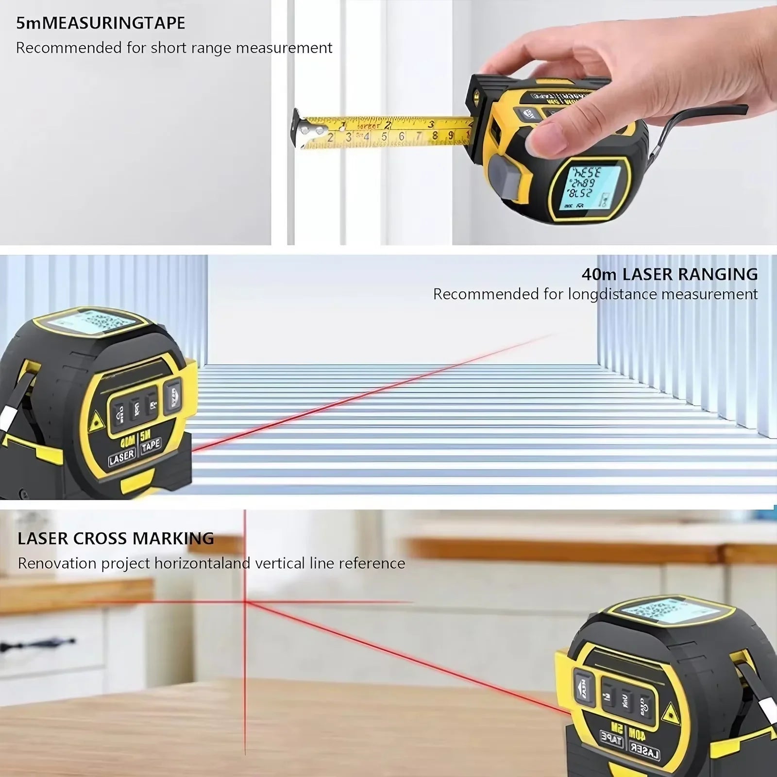 Infrared Laser Tape Measure 40/60M – 3 Functions