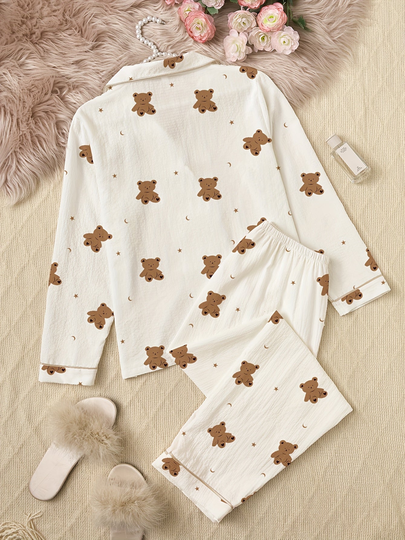 Long Sleeve Pajama Set | Cartoon Bear Print | Cozy Warm Comfort | Polyester
