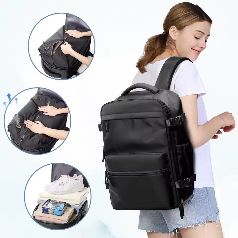 Water-Repellent Oxford Travel Backpack with Vacuum Compression for 17" Laptop and USB Pump