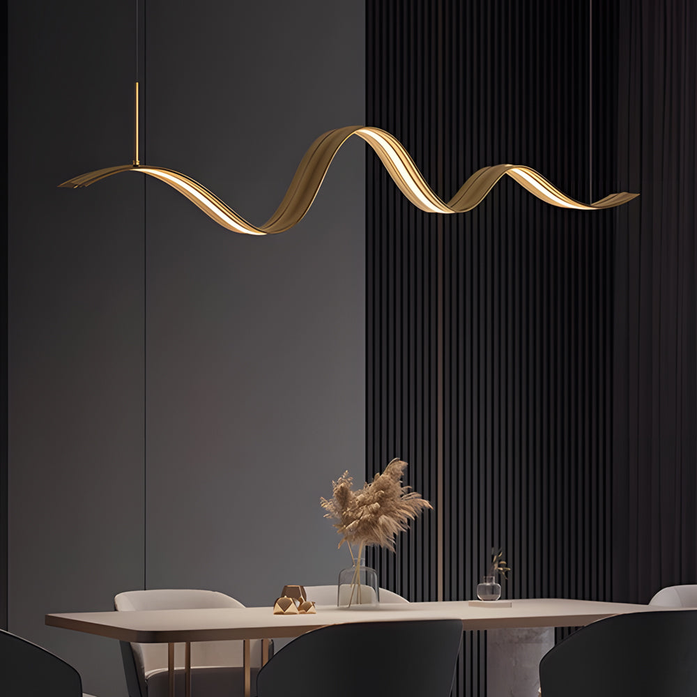 1-Light Elegant Flow Wave Linear LED Brass Pendant Light for Kitchen Island