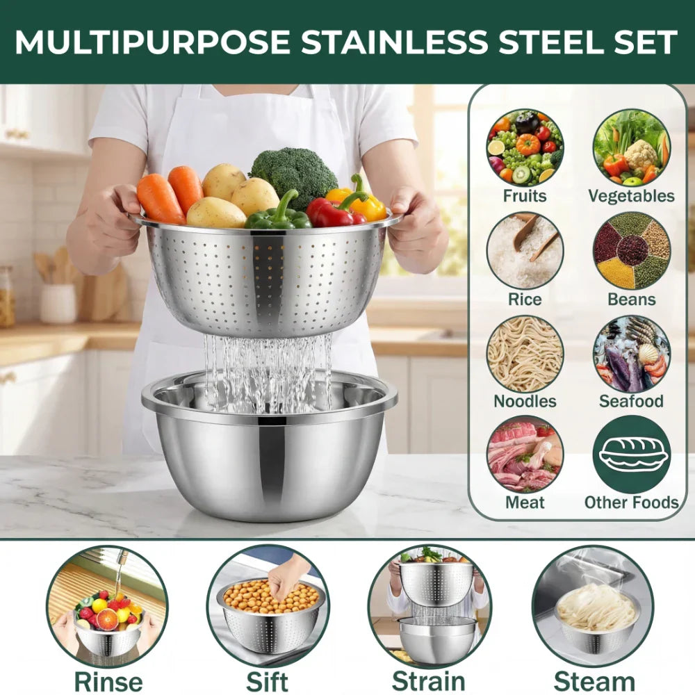 3-in-1 Grater, Sieve, and Stainless Steel Mixing Bowls Set