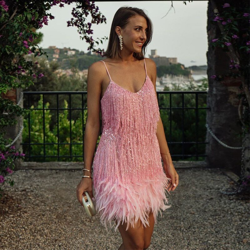 Women’s Cocktail Dress | Sequin Fringe & Feathered Hem | Fitted Slip Silhouette | Elegant Party Wear