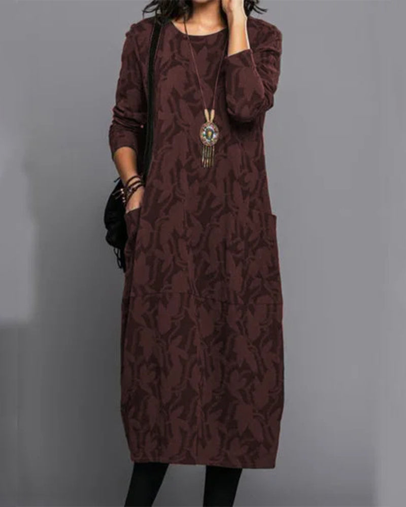 Women’s Printed Long-Sleeve Pocket Dress | Vintage-Inspired Elegance | 100% High-Quality Material | Comfortable Fit