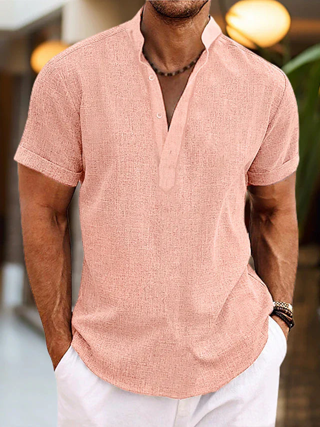 Men's Linen Shirt | Short-Sleeve Mandarin Collar | Breathable Linen Fabric | Comfortable Fit