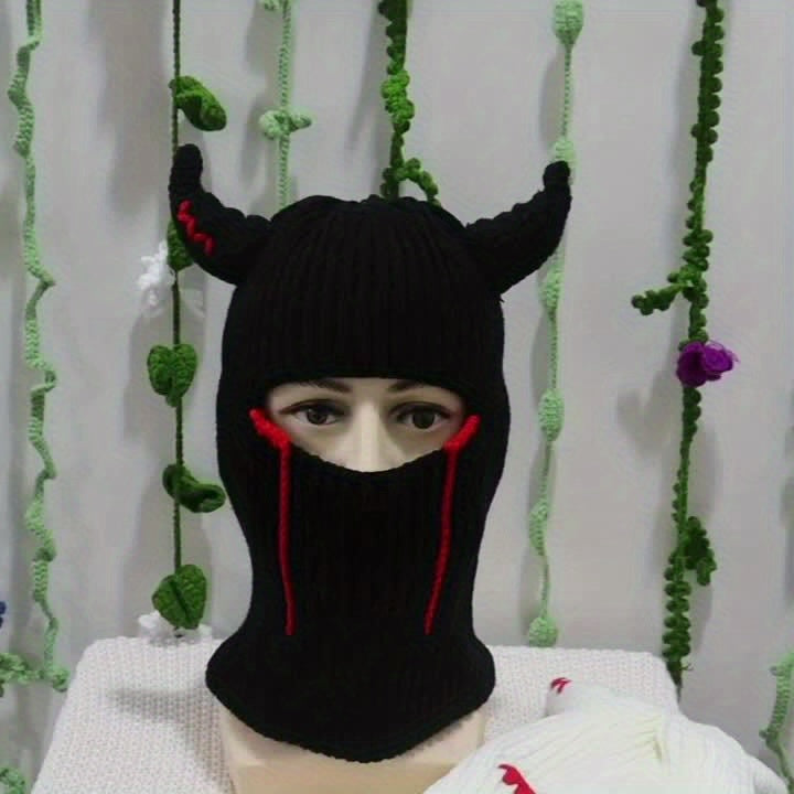 Halloween Horned Blood-Stained Mask with Comfortable Stretchy Beanie Fit