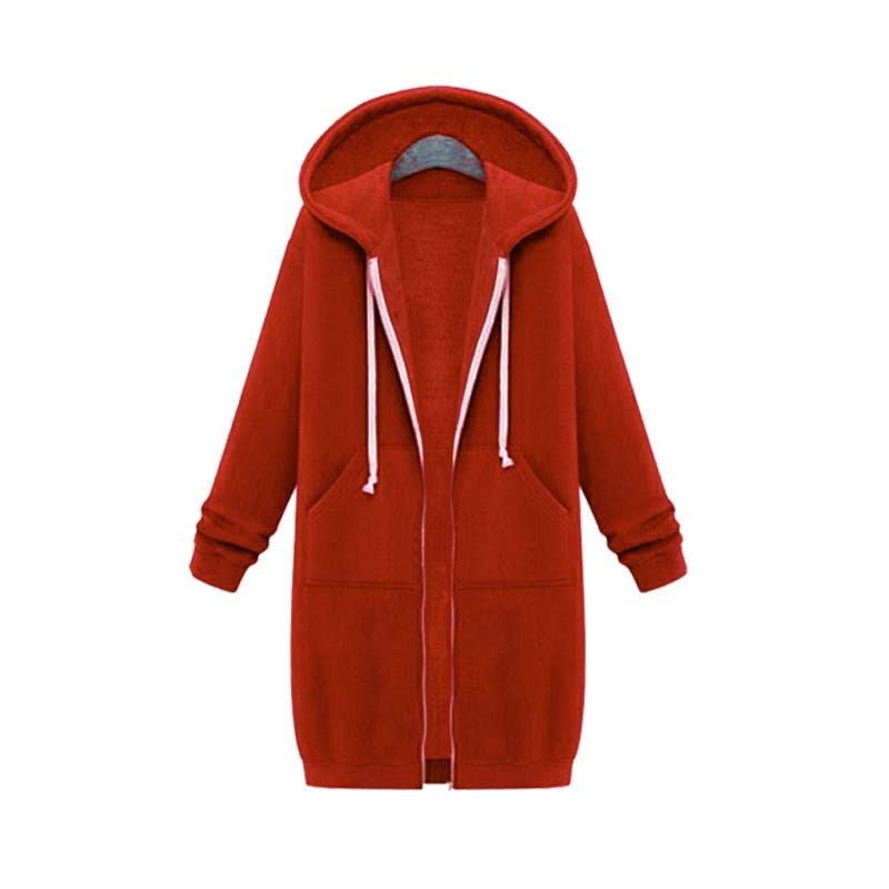 Longline Hooded Sweatshirt Coat | Zipper & Pockets | Polyester Fabric | Winter Warmth