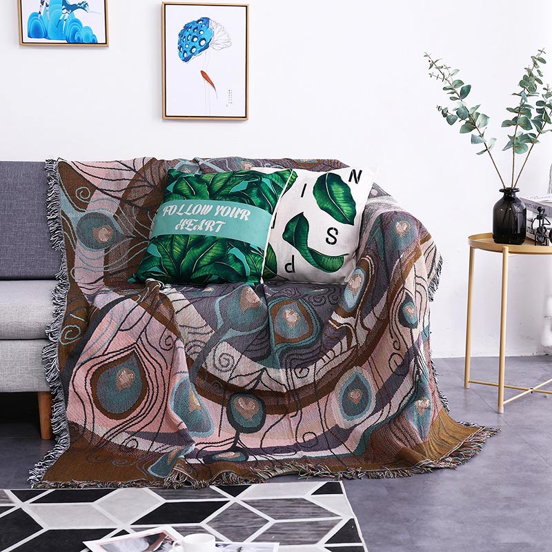 Reversible Peacock Print Blanket with Fringes