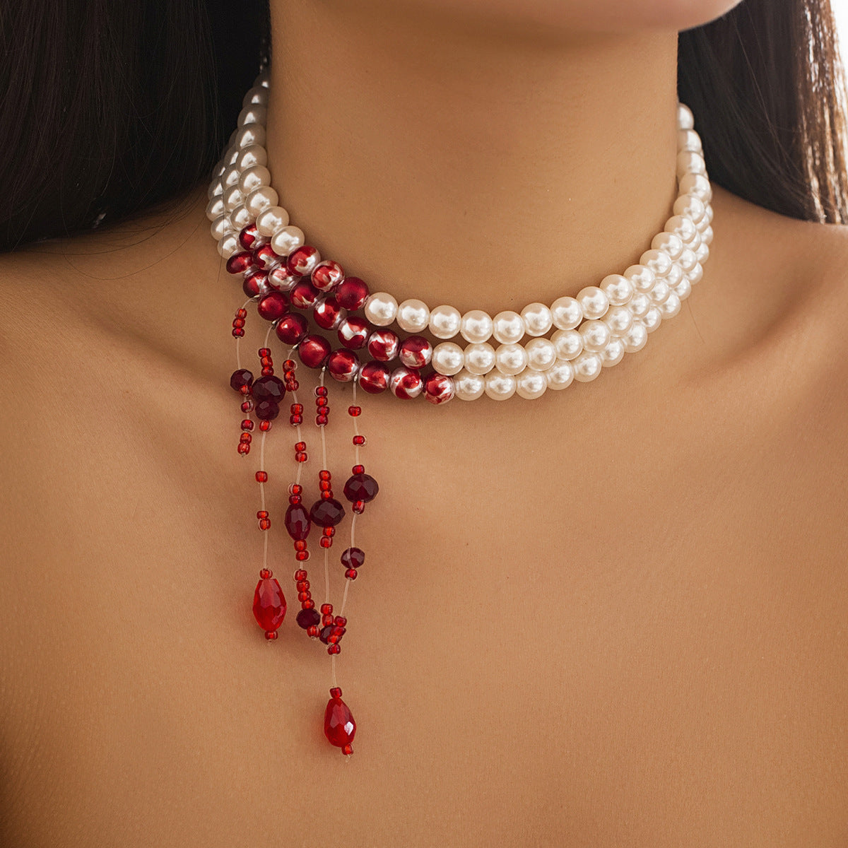 Halloween Dark Pearl Necklace with Blood Drop Design
