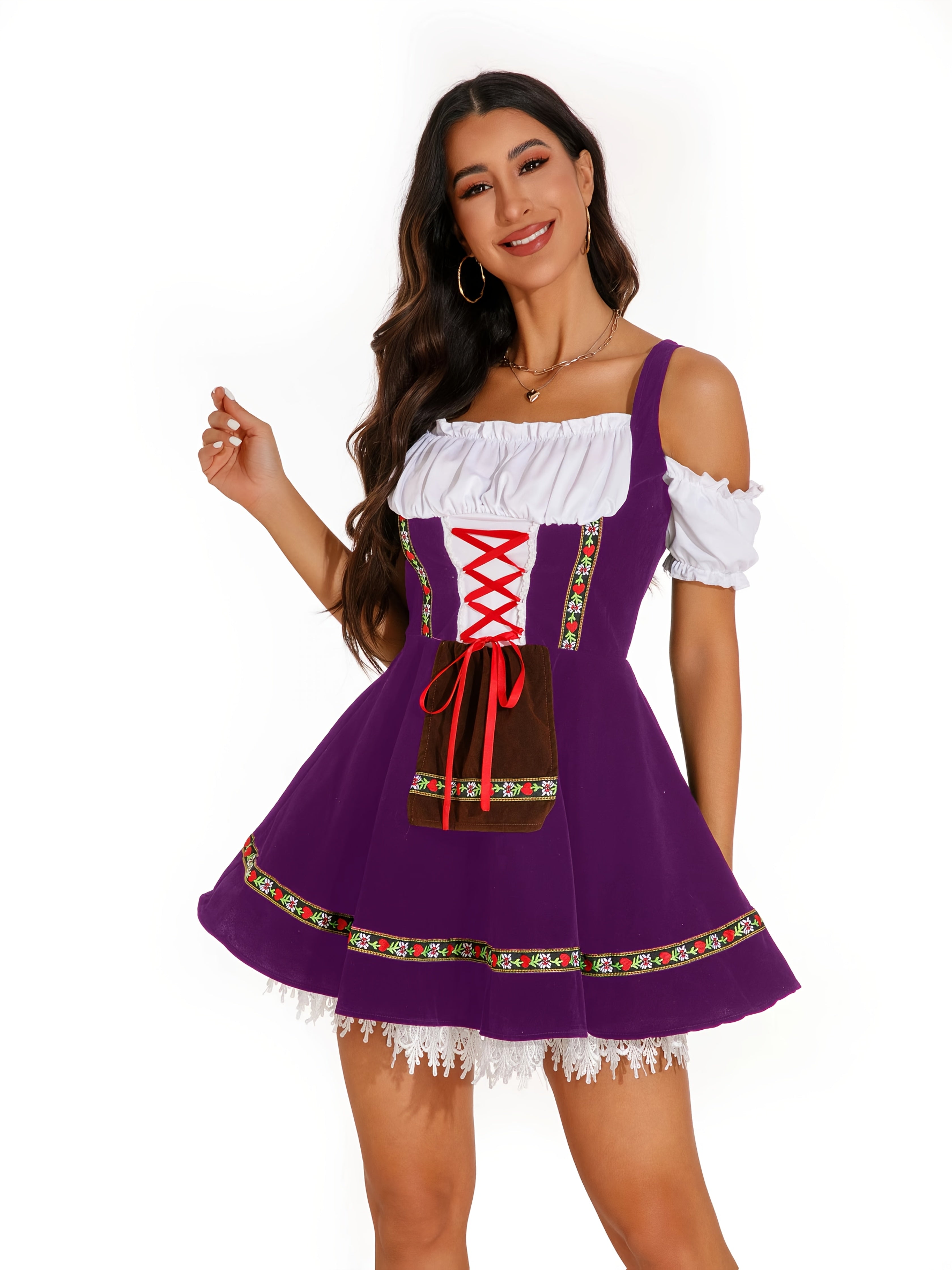 Women's Purple Bavarian Oktoberfest Dress with Floral Embroidery