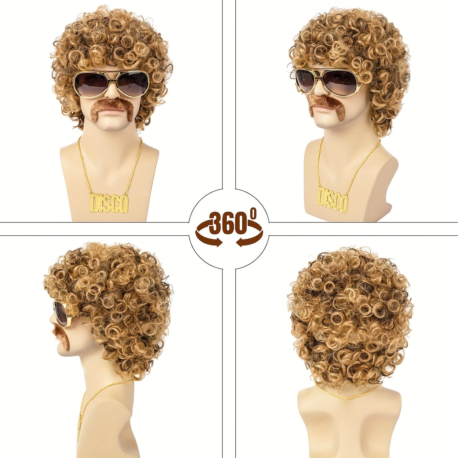 Short Curly Afro Wig Costume with Disco Accessories for Halloween Parties