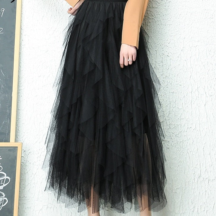 Women’s Skirt | Layered Pleated Tulle Midi | High-Waisted Knit | Comfortable Stylish Fit