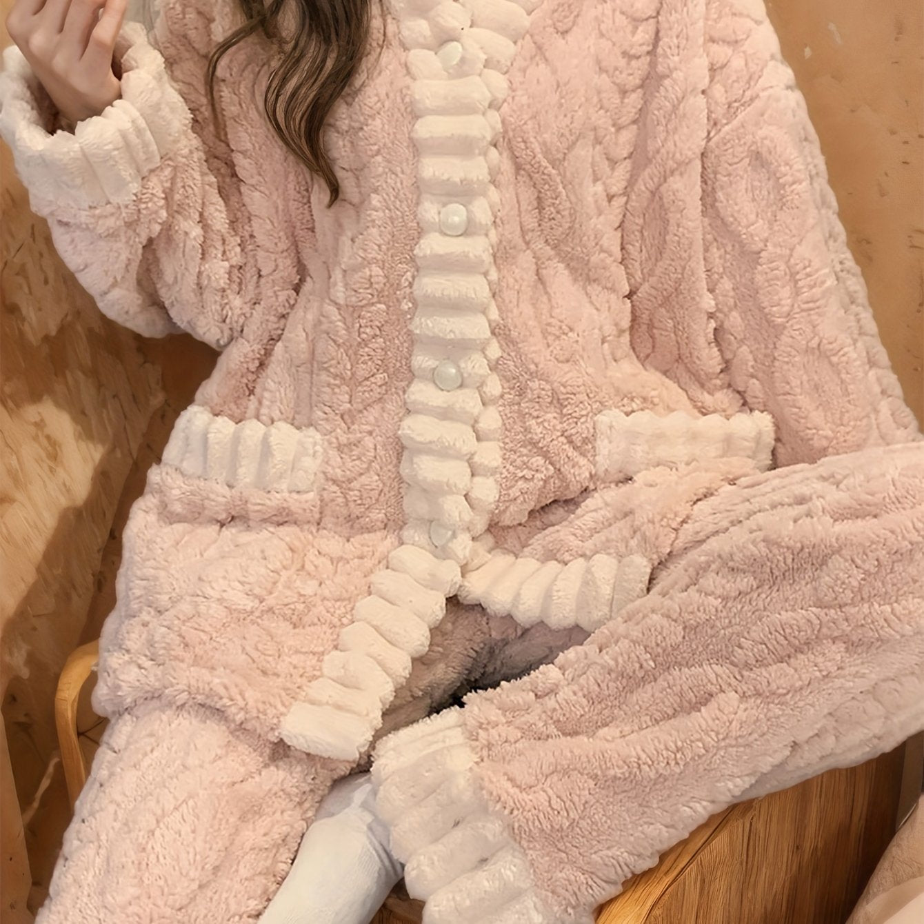 Fleece Lounge Set | V-Neck Button Top | Cozy Winter Warmth | Polyester