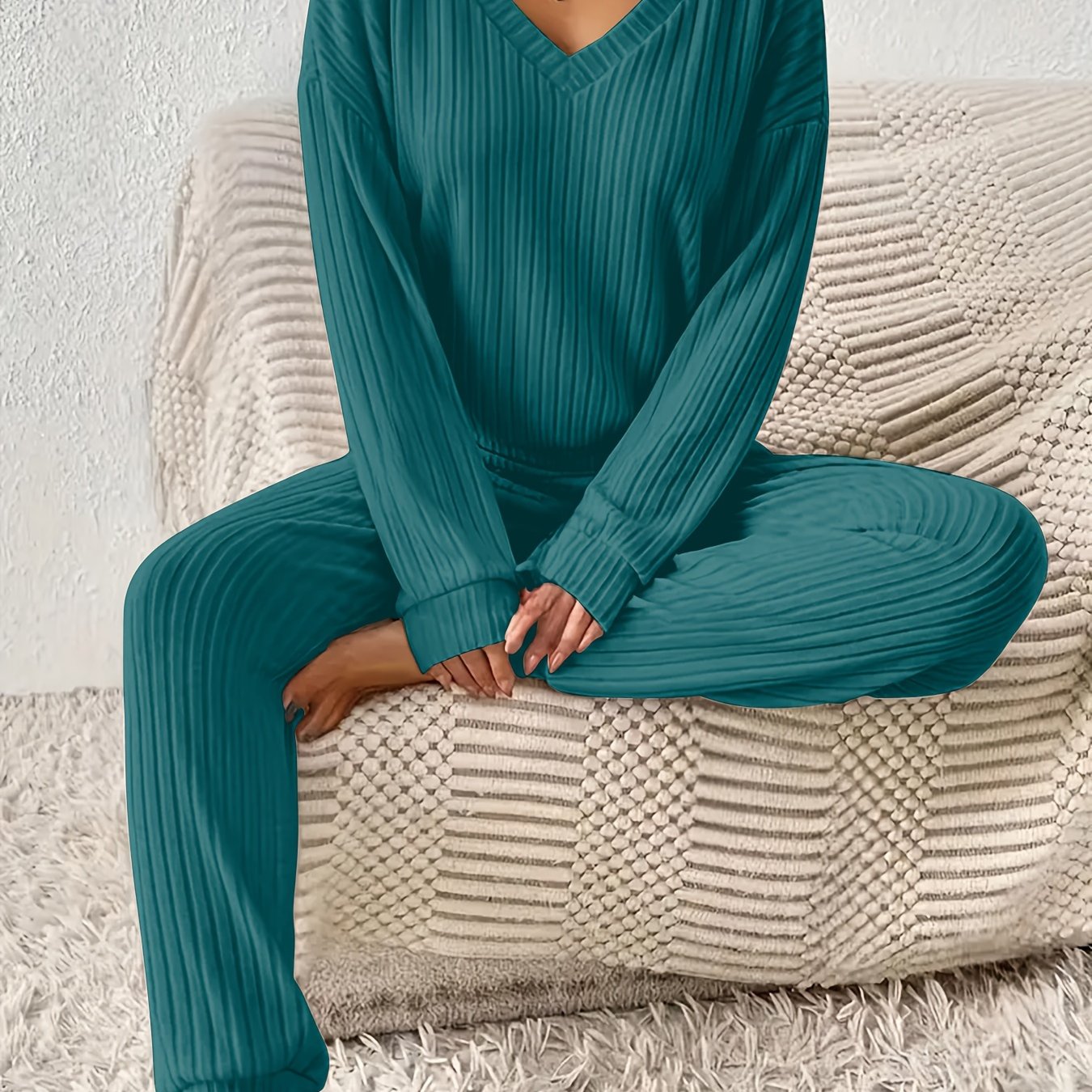 Women’s Knit Jumpsuit | V-Neck Long Sleeve | Cozy Fall Winter Wear | Polyester