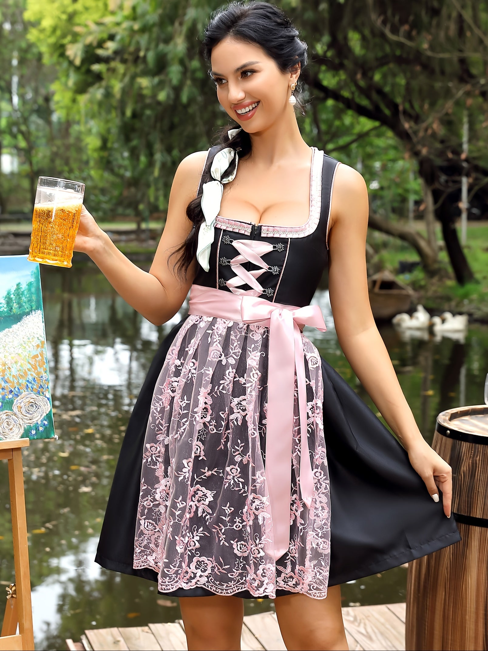 Women's Oktoberfest Bavarian Dirndl Dress with Satin Lace Embroidery