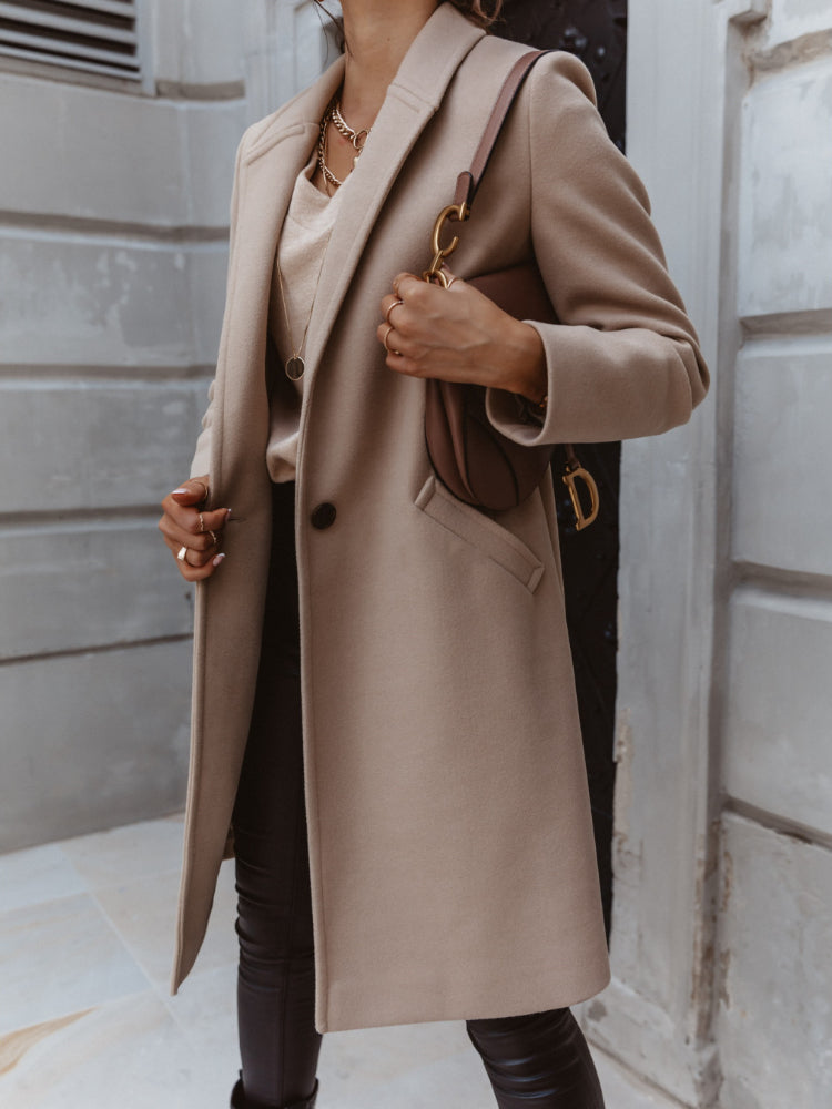 Women’s Knee-Length Coat | Notch Lapel & Single Button Closure | Durable Polyester | Autumn Winter Wear