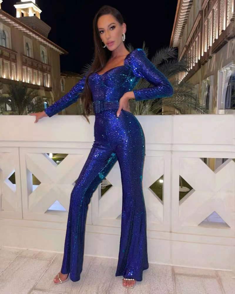 Women’s Jumpsuit | Sequined Long Sleeve with Belt | Flattering Silhouette | Special Occasions