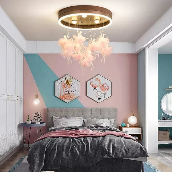 Romantic Pink Round Canopy Ceiling Light with Ballet Decor Acrylic LED Flush Mount Light for Kid's Bedroom