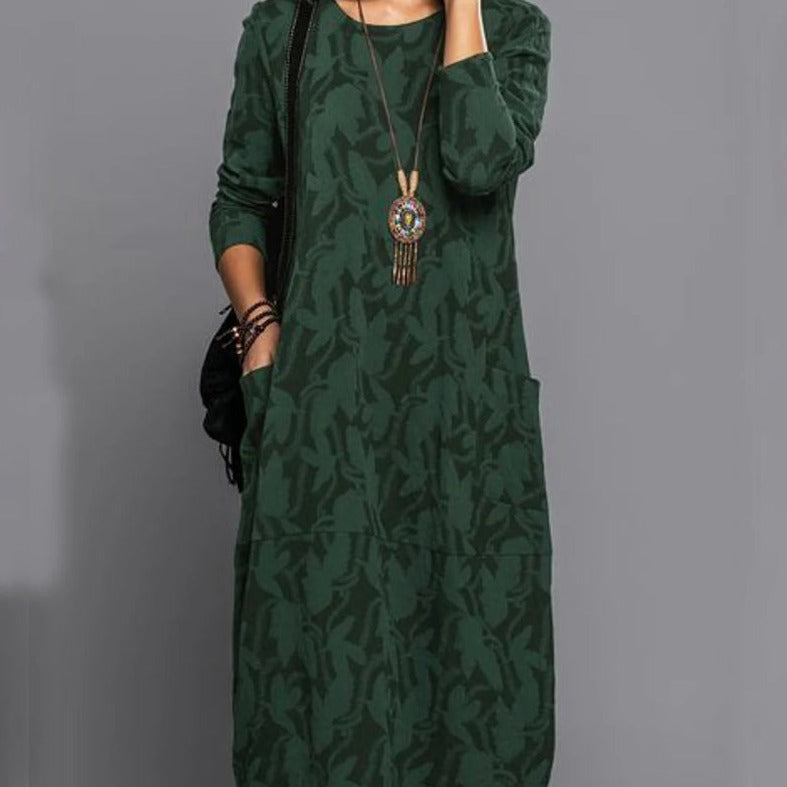 Women’s Printed Long-Sleeve Pocket Dress | Vintage-Inspired Elegance | 100% High-Quality Material | Comfortable Fit