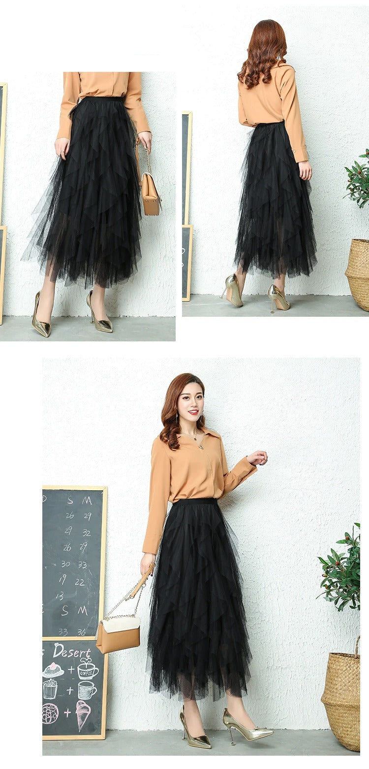 Women’s Skirt | Layered Pleated Tulle Midi | High-Waisted Knit | Comfortable Stylish Fit