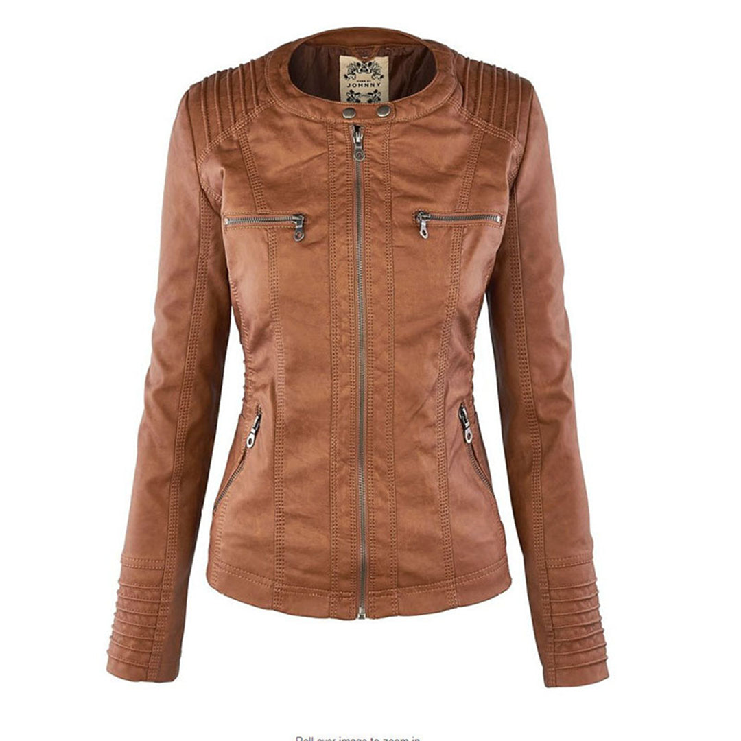 Women’s Weatherproof Leather Jacket | Detachable Hood & Zip Closure | Durable Polyester Fiber | Comfortable Fit