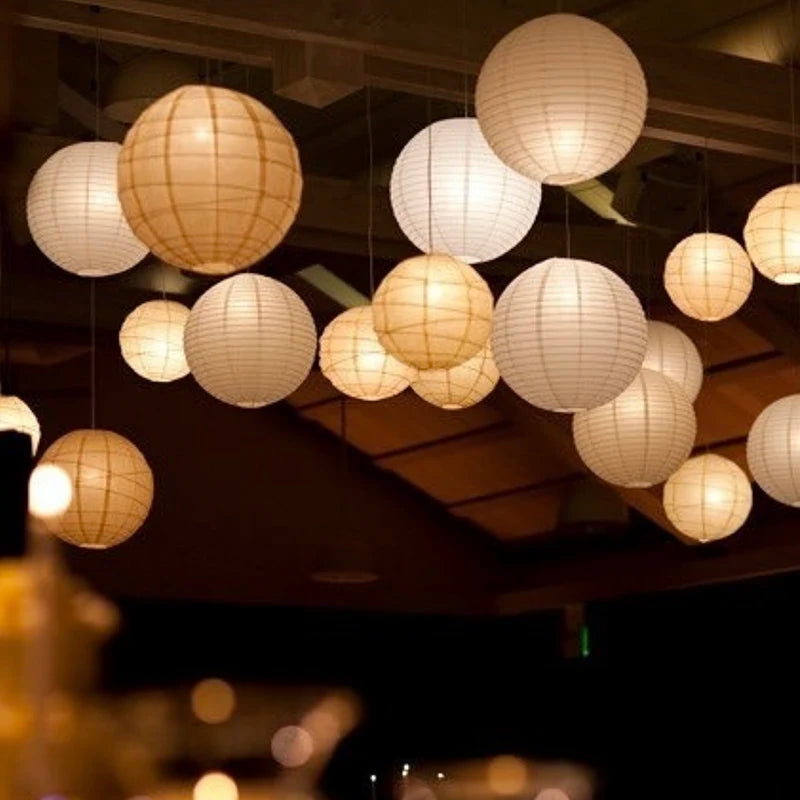 Paper Moon Hanging Lanterns Set – Mixed Sizes 4-14 Inch Round Rice Paper Lanterns with Battery Operated Cordless LED Lights, Warm & Cool White Options, 30-60 Pieces for Wedding & Outdoor Decor