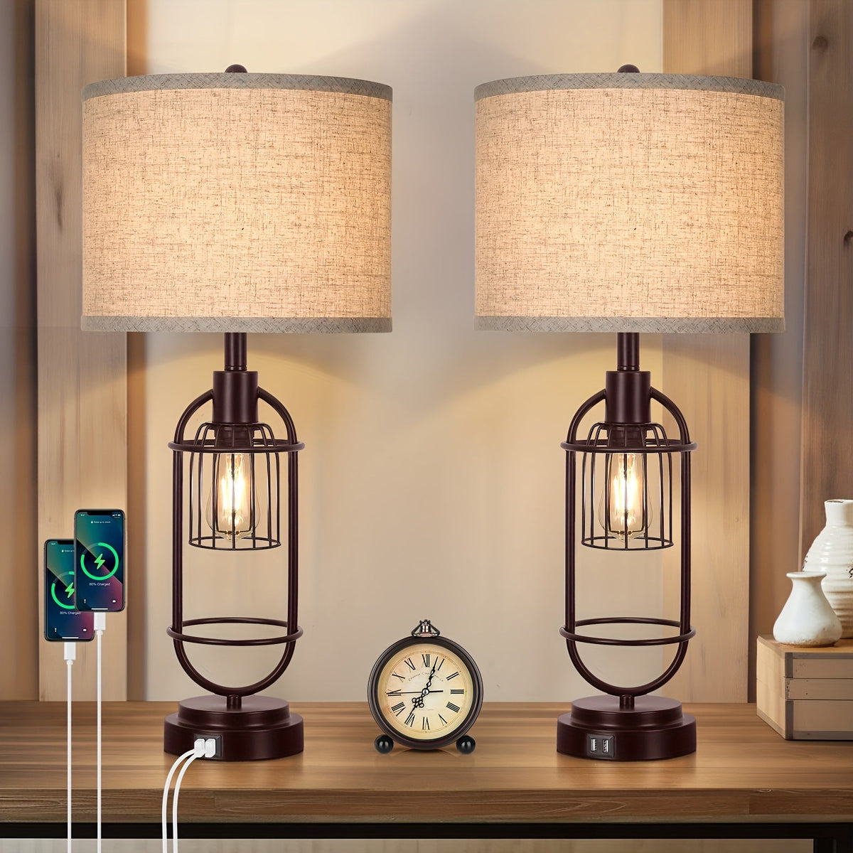 Rustic Charm Table Lamps Duo - 29" Tall with USB Charging