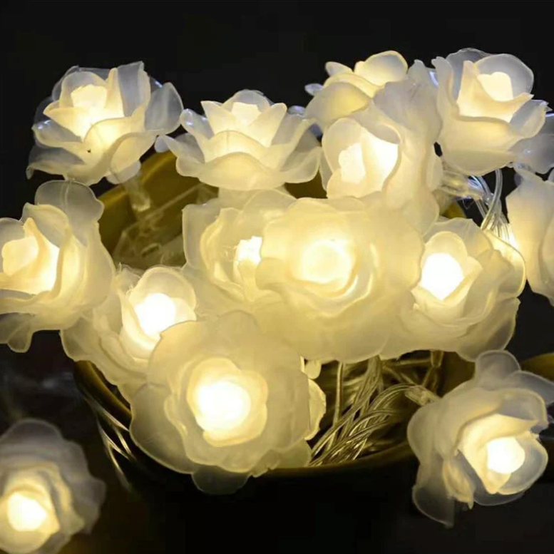 Warm White LED Rose String Lights - Battery Operated Flower Fairy Lights, 5-20ft, 10-40 LED Heads, White Foam or Frosted Roses, Romantic Indoor Decor