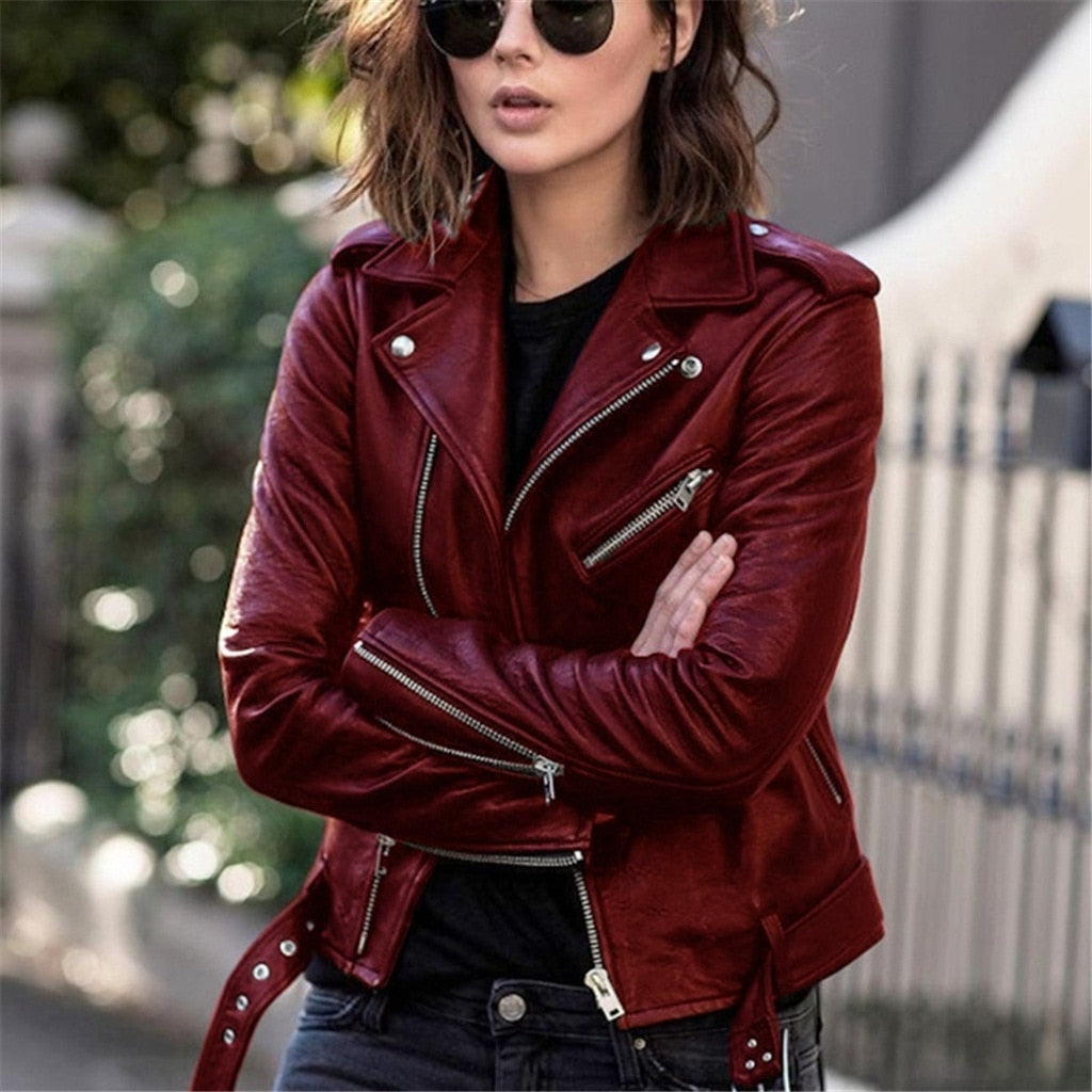 Women’s Leather Biker Jacket | Premium Leather & Asymmetric Zipper | Tailored Fit & Adjustable Waist Belt