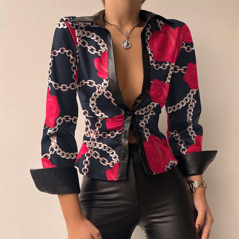 Women’s Blouse | V-Neck PU Leather & Printed Styles | Long Sleeve & Tie-Front | Comfortable Fit