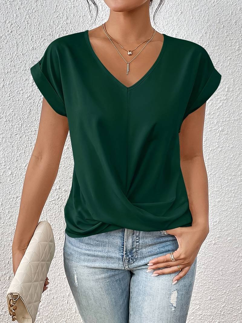 Women’s Short-Sleeve V-Neck Top | Twist-Front Draped Design | Lightweight & Breathable Fabric | Comfortable Fit