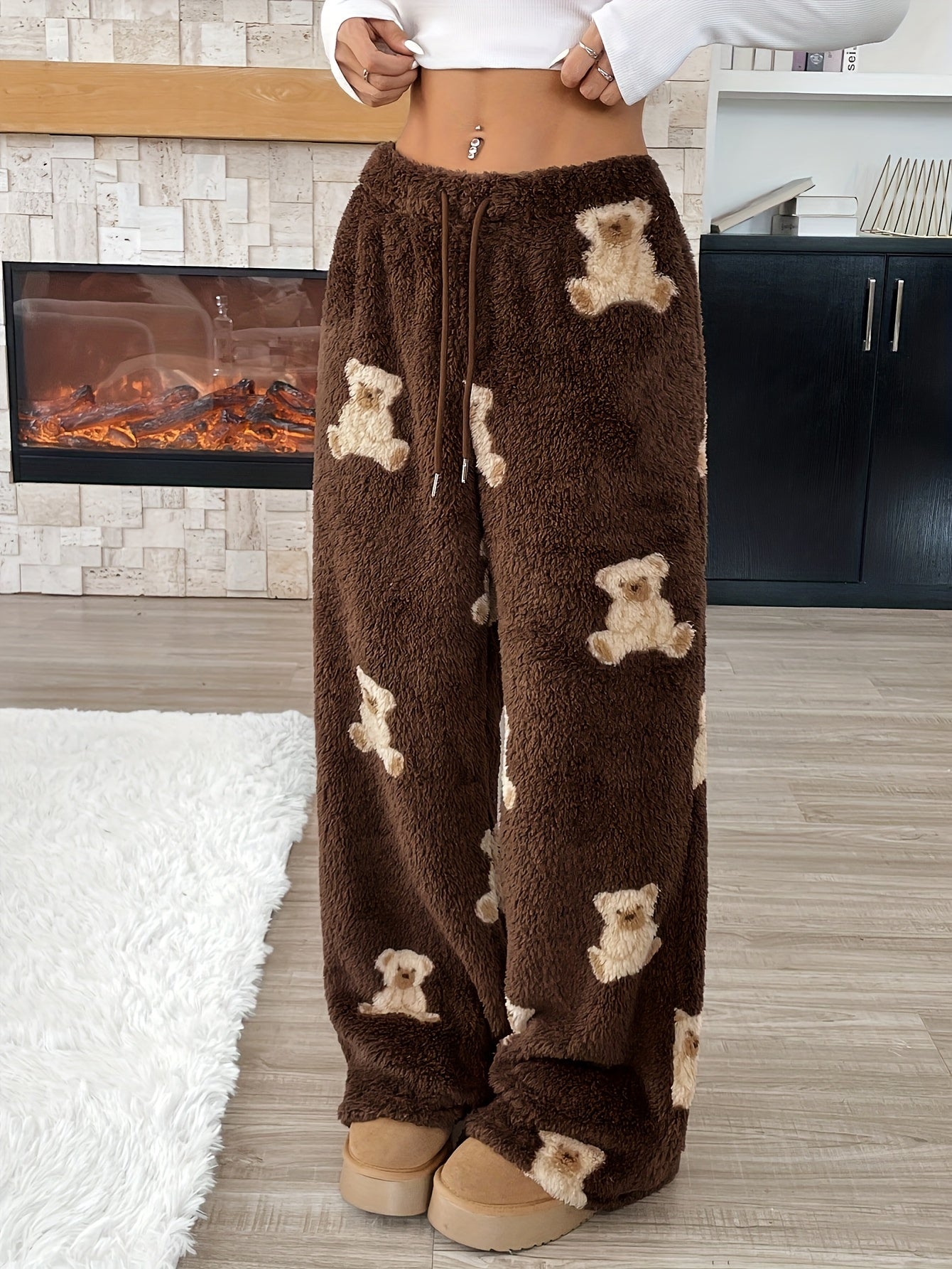 Fleece-Lined Wide-Leg Pants | Animal Print | Warm and Comfortable | Polyester