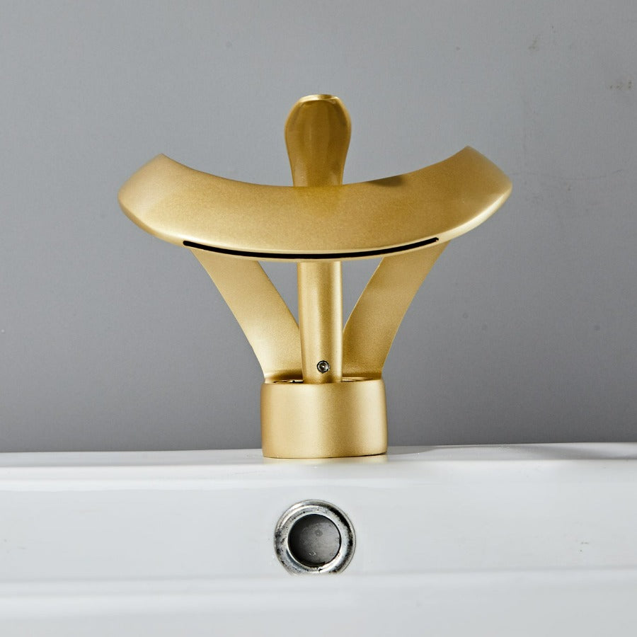 Bathroom Faucet | Waterfall Spout & Curved Loop Design | Solid Brass & Brushed Gold Finish | Easy Single-Handle Control