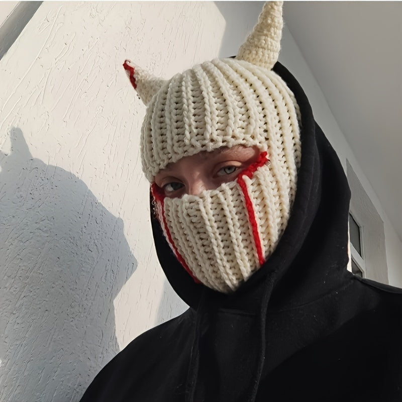 Halloween Horned Blood-Stained Mask with Comfortable Stretchy Beanie Fit