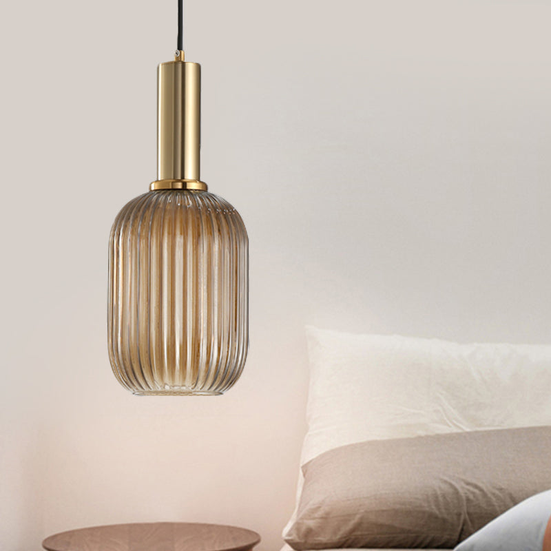 Black/Gold Cylinder/Oval/Capsule Pendant Lamp Modernist 1 Light Grey/Green/Amber Ribbed Glass Ceiling Light Fixture for Kitchen Gold Gray Cylinder Clearhalo 'Ceiling Lights' 'Glass shade' 'Glass' 'Modern Pendants' 'Modern' 'Pendant Lights' 'Pendants' Lighting' 598319