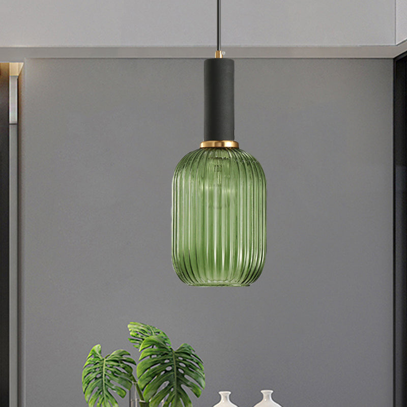 Black/Gold Cylinder/Oval/Capsule Pendant Lamp Modernist 1 Light Grey/Green/Amber Ribbed Glass Ceiling Light Fixture for Kitchen Black Green Cylinder Clearhalo 'Ceiling Lights' 'Glass shade' 'Glass' 'Modern Pendants' 'Modern' 'Pendant Lights' 'Pendants' Lighting' 598327