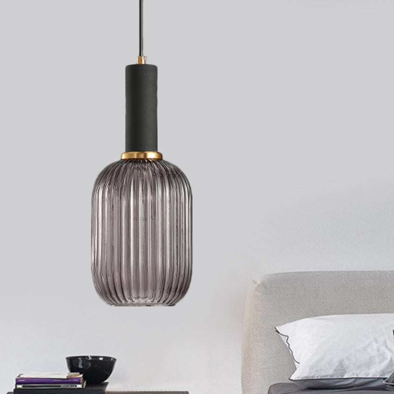 Black/Gold Cylinder/Oval/Capsule Pendant Lamp Modernist 1 Light Grey/Green/Amber Ribbed Glass Ceiling Light Fixture for Kitchen Gold Green Capsule Clearhalo 'Ceiling Lights' 'Glass shade' 'Glass' 'Modern Pendants' 'Modern' 'Pendant Lights' 'Pendants' Lighting' 598288